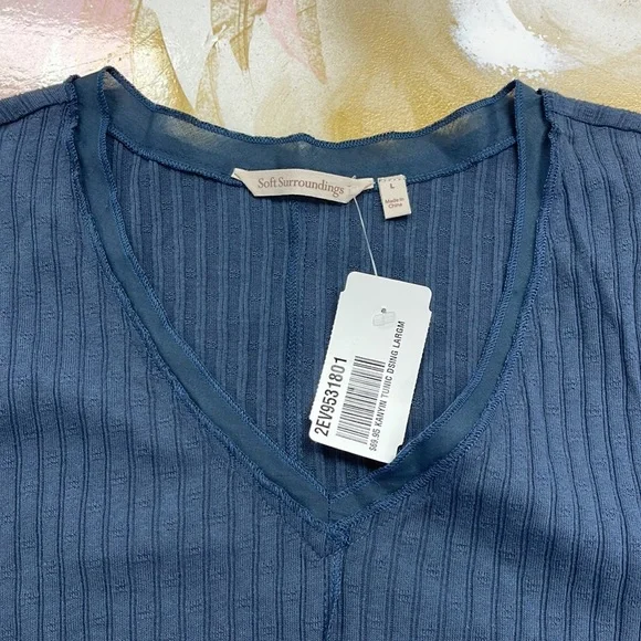 Surroundings Kanyin Gray V-Neck 3/4 Sleeve Stretch Cotton Tunic Top L - Picture 7 of 8